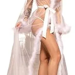 Women's Transparent Night Dress – Sexy Lingerie Robe with Fluffy Trim, Silky Babydoll Sleepwear for Special Occasions, Valentine's Day & Romantic Nights (White, L)-picture-25