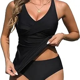 yonique Yonique Womens Ruched Cross Tankini Swimsuits Two Piece Wrap Twist Tummy Control Bathing Suits with Bottoms Black S-picture-44