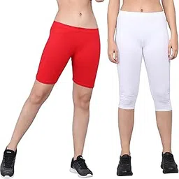 Women's Cotton Calf-Length-Capri and Cycling Shorts for Gym Wear/Sports Wear Pants | Comfortable & Breathable Fabric | White(C)/Red(S) | 34-image-79