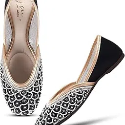 jm looks Women's Rhinestone Flats Fashion Round Toe Embllished Pearl Diamond Punjabi Jutti Mojari Low Heel Dress Ethnic Wedding Flats-picture-35