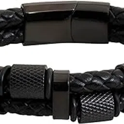 Shining Jewel Braided Design Stainless Steel Black Leather Bracelet for Men, Boys (SJ_3540_P)-image-23