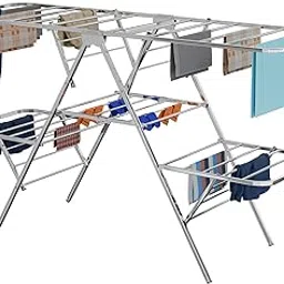 Kuber Industries Stainless Steel Cloth Stand for Drying Clothes Foldable | Double Zig Zag Cloth Dryer Stand for Balcony | Convenient & Smart Design | Winger ss - Silver-image-32