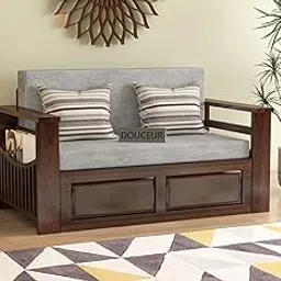 Douceur Furnitures Solid Sheesham Wood Wooden Frame Two 2 Seater Sofa Cum Bed for Living Room,Hotels,Apartment & Hall | Finish:-Walnut | Cushion:-Ash-Grey-picture-30