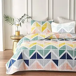 UOZZI BEDDING 2 Piece Reversible Colorful Quilt Set Twin Size with Green Orange Yellow Cubes Microfiber Lightweight Floral Coverlet Bedspread for All Season-picture-63