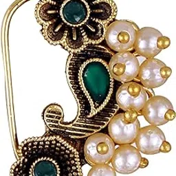 vfj vighnaharta fashion jewellery Vighnaharta Gold Plated Pearls (Moti) mayur Pankh Peacock Alloy Maharashtrian Cultural Nath Nathiya./ Nose Pin for women[VFJ1292NTH-PRESS]-picture-24