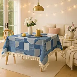 WWW.THROWPILLOW.IN Blue Geometric Print Tassel Boho Printed Dining Table Cover Rectangle Shape 40"x 60", Anti Skid Table Cloth for 4 Feet Center Coffee Table Cover|Living Room Diwali Decor-picture-12