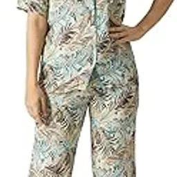 ammarzo Printed Modal Satin Shirt & Pyjama Set for Women’s - Co-Ord Set with Full Sleeves, Button-Down Shirt & Pant, Nightwear, Lounge Set, Palm Tree Print-picture-41