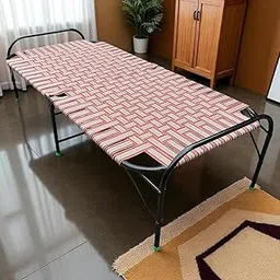 Portable Folding Iron Bed with Geometric Pattern Cover, Single Size Metal Frame Cot, Red and White Striped Design-image-2