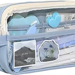 BAGIN ENTERPRISE Transparent Multi-Compartment Stationery Organizer Pouch – Dual Zipper Large Capacity Pencil Case with Clear Front Window-Travel-Friendly Aesthetic Storage Bag (299 Blue)-picture-70