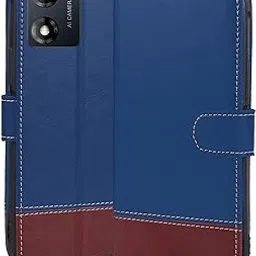 Flip Back Cover Case Dual-Color Leather Finish Inbuilt Stand & Pockets Wallet Style Flip Case for Motorola Moto E13 - Blue & Brown-picture-52
