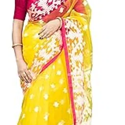sandhya saree creations Women’s Pure Muslin Handloom Saree with Blouse Piece – Lightweight Yellow-Green Ikat Saree with Contrast Pink Border image 1