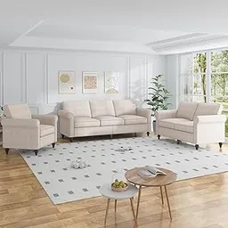 ijuicy 3-Piece Living Room Sectional Sofa Set, Modern Linen Upholstered Sofa with with 5" Thicken Cushion & Nailhead Trim, Living Room Furniture Set- Armchair Loveseat and 3 Seat Sofa(Beige) image 1