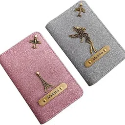 Personalised Glitered Name Passport Cover Combo Pack| Combo Pack of 2 | Passport Cover for Womens and Girls| Gift Pack|Travel Assessories Peach & Silver-image-0