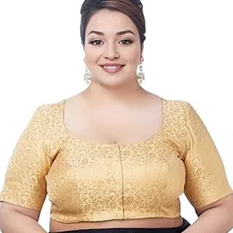 biyu Women's Brocade Floral Woven Round Neck Half Sleeves Readymade Saree Blouse-picture-36