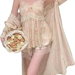 pleasing strings Women 3pc Galaxy Print Lace Detailing Satin Padded Cami Top Pj Frill Sleeves Robe Set-picture-27