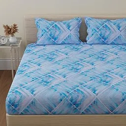 HUESLAND by Ahmedabad Cotton 144 TC Cotton King Size Bedsheet with 2 Pillow Covers - Grey, Blue & White(9ft x 9ft)-picture-28