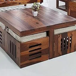 Timberlal Sheesham Wood Coffee Table with 4 Stools for Living Room (Provincial Teak) | Small Brown Wooden Center Table | Wooden Coffee Table | Tea Table | Coffee Table for Home-picture-15