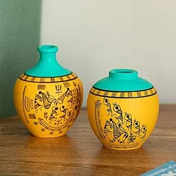 ExclusiveLane 'Warli Tales' Hand-Painted Terracotta Décor Flower Vase for Living Room Terracotta Pots for Home Décor Show Case Decorative Vases Showpiece (Set of 2, Yellow & Turquoise)-image-63