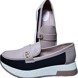 tiara steps Women's Casual Loafers | Beige, Black, White & Golden Block Design | Slip-On Style with Metal Accent | Platform Sole | Comfortable Walking Shoes-picture-45
