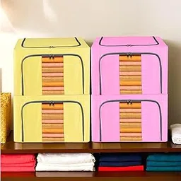 Homestic Pack of 4 Clothes Storage Box | 24 Liter Waterproof Storage Box for Blankets | Underbed Storage Bag | Foldable Parachute Steel Frame Wardrobe Organizer | Yellow & Pink-image-21