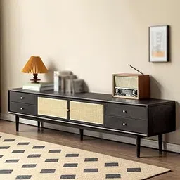 Goldview Furniture Mid-Century Modern TV Stand Entertainment Center with 4 Drawers and Cane Door Panels – Black Wooden Media Console for Living Room-image-5