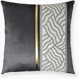 Decorative Velvet Cushion Covers - Set of 2 | Jacquard Border, Faux Leather Gold Accent Strip | 16x16 Inch | Sofa, Living & Bedroom Decor (Dark Grey)-picture-15