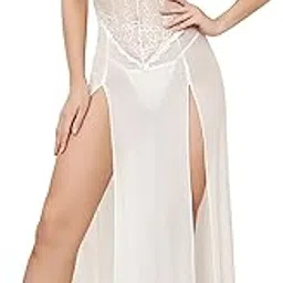 beera Women Lingerie Lace Babydoll High Split Maxi Long Gown V Neck Mesh Sleepwear Sexy Babydoll Lingerie Honeymoon/Anniversary Bridal Nightdress (Free Size, Black)-picture-30