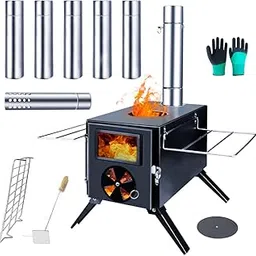 Fitinhot Camp Wood Stove, Tent Wood Burning Stoves Portable with Chimney Pipes, Upgraded Titanium Surface Camping Stove, Heat Resistant Glass & Gloves for Outdoor (Black)-image-62
