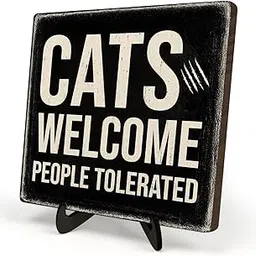 Funny Cat Sign Desk Decor – Cats Welcome People Tolerated Wooden Plaque for Cat Lovers, Rustic Wood Cat Decor Sign, Office Desk or Bookshelf, Gift for Cat Owners 5.9x5.9 Inch(Cats-cat paw)-picture-26