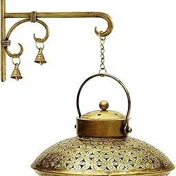 KAEVION Iron Antique Brass - Decor Incense Holder Dhoop Degchi Pot with Brass Bells Wall Hanging with - Oval Shape| Big Size lobhan Dhani Wall Mounted Burnner - Set of 1 - Gold-picture-13
