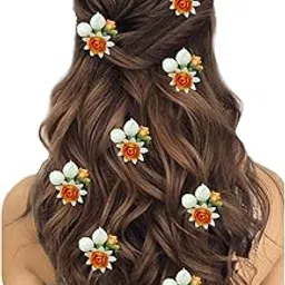 ansh Artificial Plastic Rose Flower with Mogra & Leaf Design Hairpin/Hair Clip/Judabun | Bridal Hair Accessories, Wedding, Festival Wear for Women & Girls - 2228, Combo of 8-picture-10