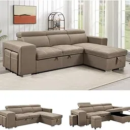 Homax. - Rumi1L-Shaped Sectional Sleeper Sofa Couch in 4 Piece with Pull-Out Bed, Storage Lounger with 2 Small Pouffe & Adjustable Headrests, Leatherette upholstered, Left-Facing Chaise, Brown-picture-13