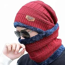 Woolen Beanie Cap with Neck Warmer for Men & Women | Winter Thermal Cap and Muffler Combo with Fleece Lining-image-3
