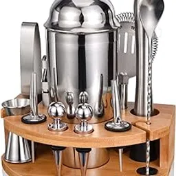 Esmula Bartender Kit with Stylish Bamboo Stand, 12 Piece Cocktail Shaker Set for Mixed Drink, Professional Stainless Steel Bar Tool Set - Cocktail Recipes Booklet(25 oz)-picture-18