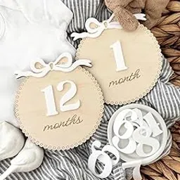 Haoser Set 2 3D Wooden Baby Monthly Milestone Discs | Engraved Milestone Cards with Interchangeable Numbers | Baby Photo Prop | Bow Style Monthly Marker | 4.5x5.25 Inch Baby Shower Gift-picture-28