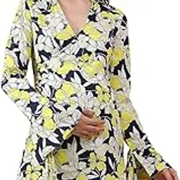 oxolloxo Women Maternity Multicolor Floral Print V- Collared Neck Long Bell Sleeve with Tie-Up Detail Short Wrap Dress image 1
