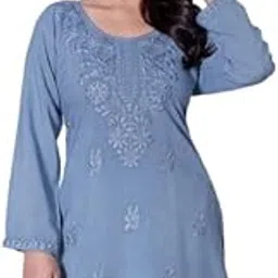 TONTUTON Chikankari Embroidered Short Kurti, Beige Cotton, 3/4 Sleeves, Traditional Indian Top-picture-14