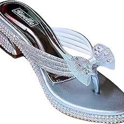 Women Rhinestone Embellished Bow Party Heel Sandals | Comfortable, Trendy and Classy in Metallic Silver Colour | Glamorous Wedding & Special Occasion Dress Heels-image-3