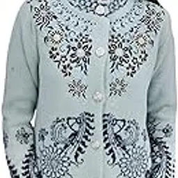 Women's Embroidered Cardigan, Grey Diamond Pattern with Black Sunflower Motifs, Long Sleeve Button-Front-image-82