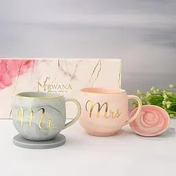 NYRWANA Coffee Mug, Marriage Gifts for Wedding, Wedding Present for Couples, Couple Present, Diwali Gift, Mr & Mrs Set of 2 Coffee Mugs, Lids and Beautiful Gift Box (250ml - Ceramic) image 1