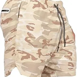 FABLOFT 2 in 1 Men Running Shorts Built In Base Layer Short Pants Pocket Brown XL-picture-33