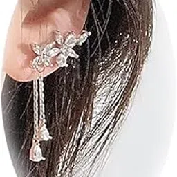sgoeths Crawler Earrings For Women Cubic Zirconia Flower Drop Dangle Earrings For Girls Sparkly Rhinestone Crystal Crawler Stud Curved Climber Cartilage Earrings With Tassel Chain for Bridal Wedding Jewelry Gift-picture-36