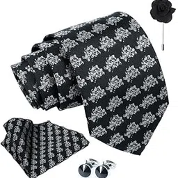 axlon Tie for Men – Geometric Silk Neck Ties Set with Cufflinks Flower Pin, Pocket Square & Black Gift Box, Combo Necktie Sets for Office Wear, Formal Suits & Weddings (0, G3pn)-picture-13