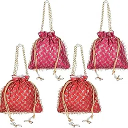 kuber industries Potli|Silk Wedding Potli|Drawstring Closure Potli|Wallet Potli|Christmas Gift Potli|Baby Shower Potli|Traditional Shagun Potli|Square Embroidery Potli|Pack of 4|Multi-picture-34