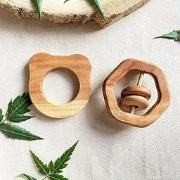 Babycov® Neem Wood Teether for Babies | Natural Wooden Teether for 3–12 Months | Safe Neem Teether for 6 to 12 Months Baby | Eco-Friendly, BPA-Free Neem Toys for Babies 6–12 Month | Made in India (Bear +Hexagon Rattle)-image-3