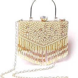 jasuniq Elegant Evening Clutch Purse, Gold, Pearl Beaded Design with Chain Strap, Vintage Style Handbag for Party, Wedding-picture-10