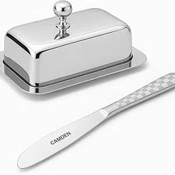 CAMDEN Stainless Steel Butter Box, Dish with lid and 1 Checks Design Knife (Knife Thikness - 3.5mm) (Knife Length - 21cm)-picture-25