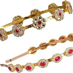 nnr Kundan Minakari Gold Plated Hair Bands Fancy Wedding Hairband Headband for Women & Girls (Wine-Pink) image 1