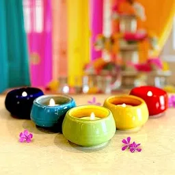 Tarvita Homes Ceramic Tealight Candle Holders Cum Diya Set | Set of 5 I Handcrafted Multicolor Diya Cups for Diwali, Home Decor, Pooja, Festivals & Gifting | Reusable & Eco-Friendly-picture-54