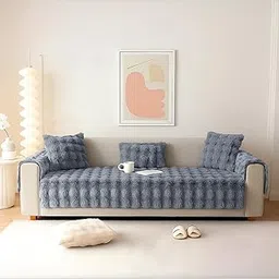 DREAM CARE Premium Waterproof Faux Rabbit Fur Sofa Seat Protector Ultra-Soft & Fluffy with Anti-Slip Backing, 2 Seater Sofa Seat Cover 90 * 150 with 2 Arm Rest 56 * 60 (Grey)-image-16